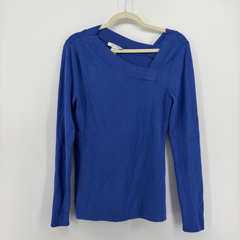 White House Black Market Womens L Blue Sweater Asymmetrical Square Neck Ribbed